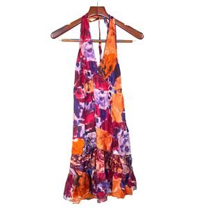 Y2K 90s Marciano Dress Sz XS Silk Fairy Babydoll Whimsigoth Colorful Boho Deep V